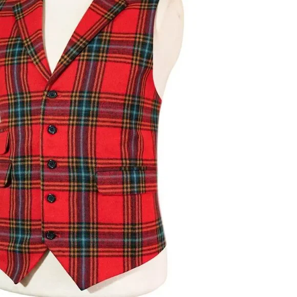 Mens 46R Red Blue Orange Wool Plaid Waistcoat Vest Formal Wedding Preppy Casual